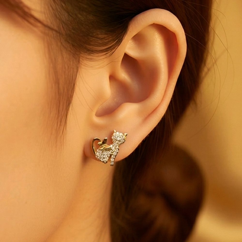 Cat Rhinestone Earrings Gold Plated Sparkly Jeweled Pierced Ear Stud Jewelry New